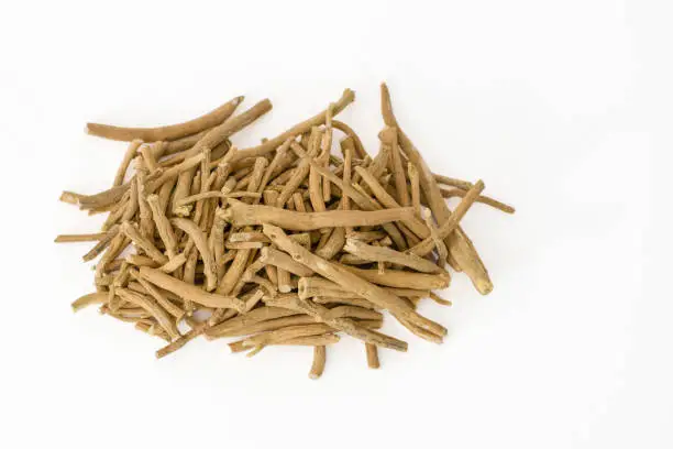 Ashwagandha (Withania somnifera) or winter cherry roots on a white background