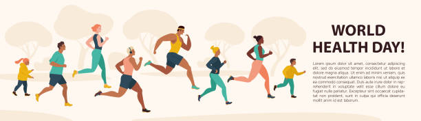 ilustraciones, imágenes clip art, dibujos animados e iconos de stock de gente jogging deporte familia aptitud ejecutar entrenamiento día mundial de la salud 7 abril plano vector ilustración. - correr ilustraciones