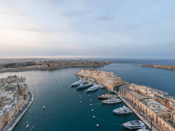 The Macina, Birgu, Valletta, senglea creek marina, three cities. Aerial drone photo. The marina, dock 1 project, valletta in malta show