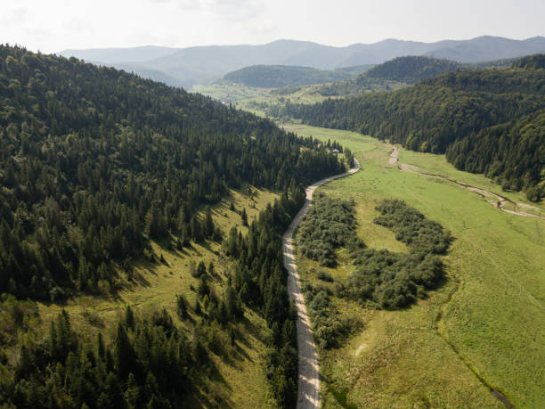 istock Road through mountains and forest captured from above 1135975022