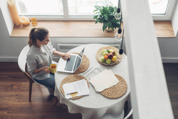 Young female having freelance work on laptop