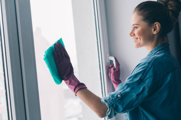 istock Young smiling female in gloves washing window 1135976501