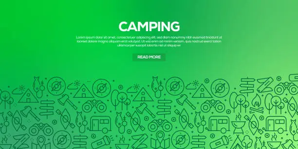 Vector illustration of Vector set of design templates and elements for Camping in trendy linear style - Seamless patterns with linear icons related to Camping - Vector