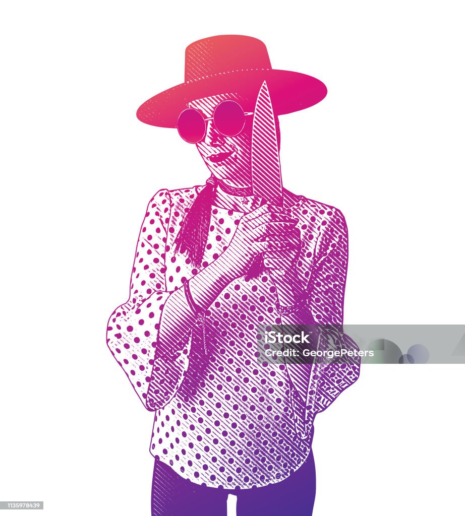 Hipster woman holding knife Engraving vector of a Hipster woman holding knife Adult stock vector