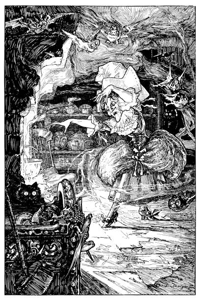 illustrazioni stock, clip art, cartoni animati e icone di tendenza di illustrazione art nouveau antica di archie macgregor da libro per bambini: witch - victorian style engraved image image created 19th century animal