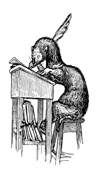 illustrazioni stock, clip art, cartoni animati e icone di tendenza di antica illustrazione in stile liberty di archie macgregor dal libro per bambini: otter writing - victorian style engraved image image created 19th century animal