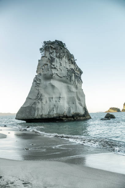 angra da catedral no por do sol, coromandel, nova zelândia - new zealand cathedral cove sea sand - fotografias e filmes do acervo