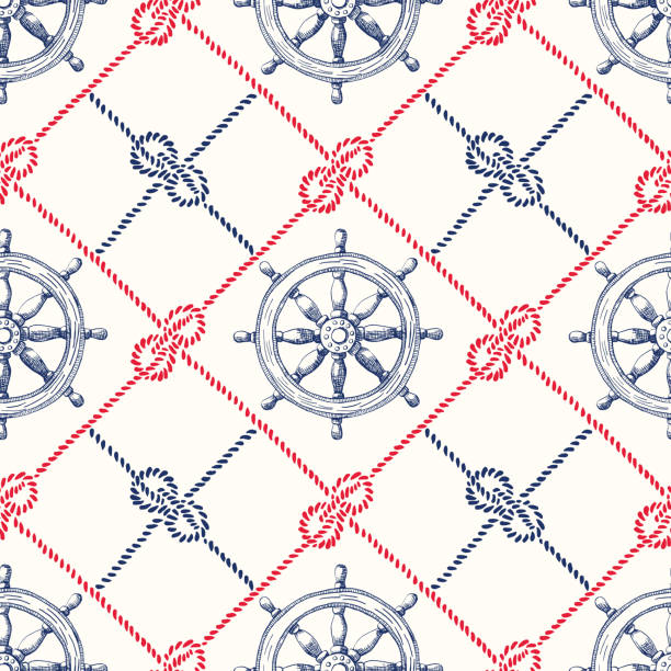 Hand-Drawn Diagonal Plaid with Sailing Ropes, Zeppelin Knotsand Vessel Steering Wheel Vector Seamless Pattern. Hand-Drawn Diagonal Plaid with Sailing Ropes, Zeppelin Knotsand Vessel Steering Wheel Vector Seamless Pattern. Blue and Red Nautical Marine Backrgound. Sea, Ocean Elements. sailing background stock illustrations