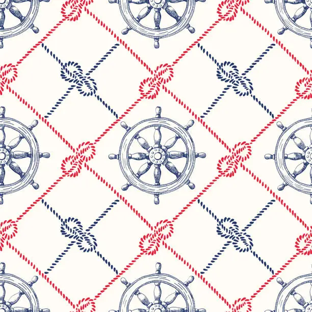 Vector illustration of Hand-Drawn Diagonal Plaid with Sailing Ropes, Zeppelin Knotsand Vessel Steering Wheel Vector Seamless Pattern.