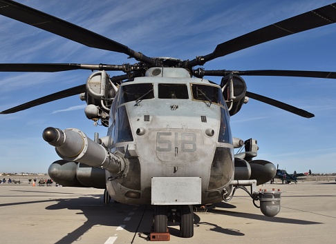 Yuma, USA - March 9, 2018: A Marine Corps Sikorsky CH-53E Super Stallion preparing for takeoff on the runway of Marine Corps Air Station Yuma. This CH-53E Super Stallion belongs to the VMX-1 squadron.
