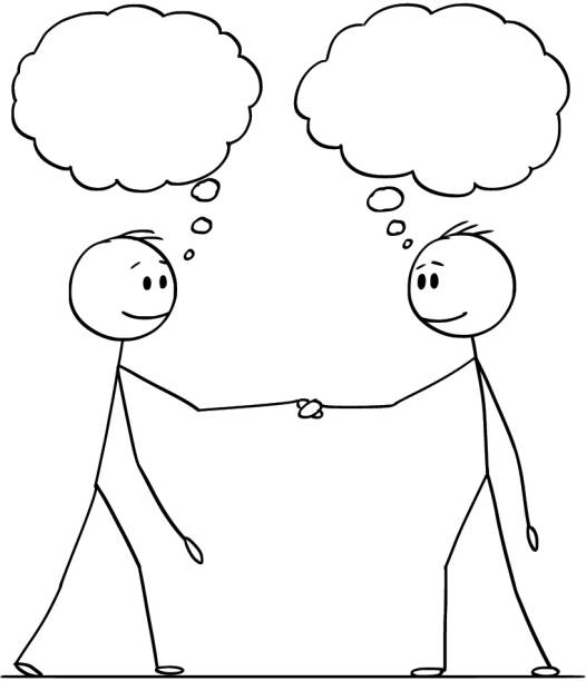 Cartoon of Two Men or Businessmen or Politicians Handshaking Cartoon stick figure drawing conceptual illustration of two men or businessmen or politicians handshaking with empty speech bubbles for your text. political joke stock illustrations