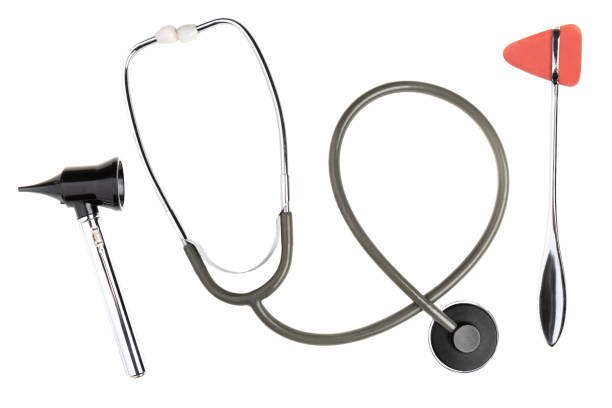 Isolated Medical Instruments An isolated stethoscope, reflex hammer and otoscope. rubber mallet stock pictures, royalty-free photos & images