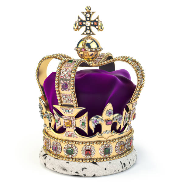 couronne dorée avec des bijoux d'isolement sur le blanc. symbole royal anglais de la monarchie britannique. - culture britannique photos et images de collection