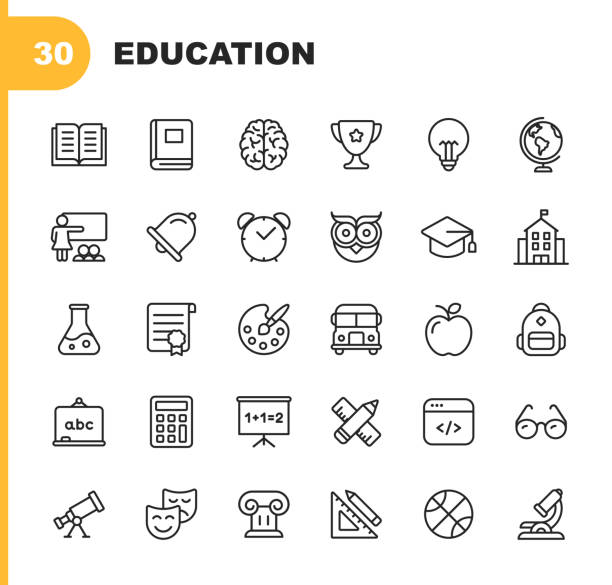 ilustraciones, imágenes clip art, dibujos animados e iconos de stock de educación y aprendizaje de la línea iconos. trazo editable. pixel perfect. para móvil y web. contiene iconos como. - practicing