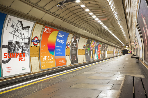 London, UK - January 15, 2019 - Empty platform at Gants Hill London Underground station