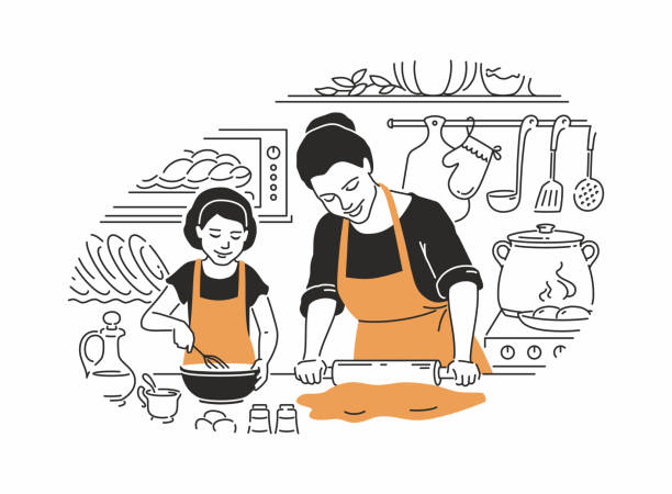 ilustraciones, imágenes clip art, dibujos animados e iconos de stock de madre e hija cocina-ilustración vectorial moderna - cena familiar