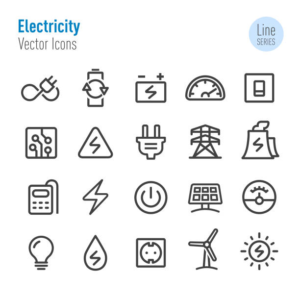 ilustraciones, imágenes clip art, dibujos animados e iconos de stock de iconos de electricidad-vector line series - switch electricity power group of objects