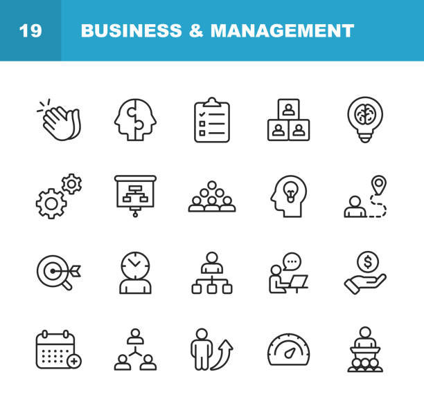 Business and Management Line Icons. Editable Stroke. Pixel Perfect. For Mobile and Web. Contains such icons as Business Management, Business Strategy, Brainstorming, Optimization, Performance. 20 Business and Management Line Icons. business plan document stock illustrations