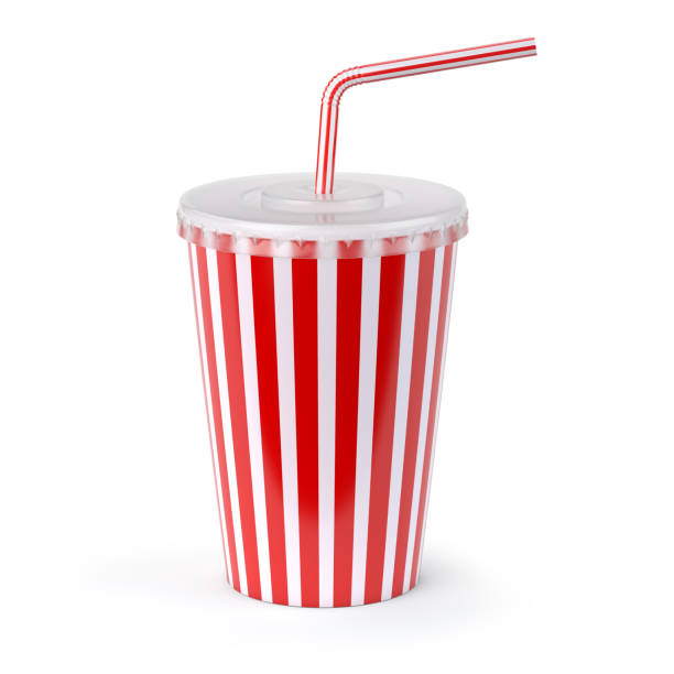 red striped paper or plastic glass with  soda water, drinking straw, tea or coffee. - drink carton imagens e fotografias de stock