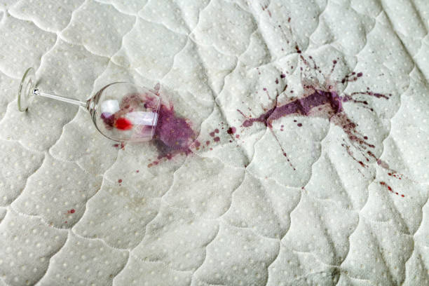 spilled wine glass on the bed. accidentally dropped wineglass on white bedsheet. unlucky, unfortunate situation. wet stain. - wine glass white wine wineglass imagens e fotografias de stock