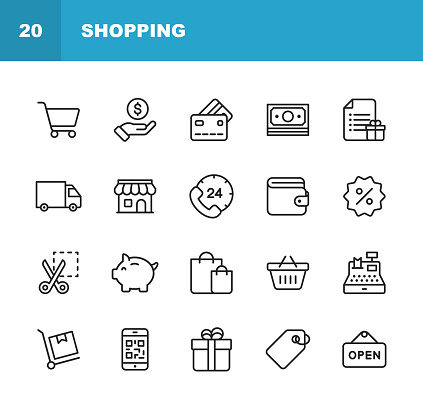 20 Shopping and E-commerce Line Icons. Editable Stroke.