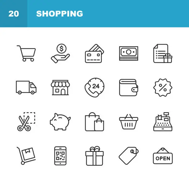 Vector illustration of Shopping and E-commerce  Line Icons. Editable Stroke. Pixel Perfect. For Mobile and Web. Contains such icons as Shopping, E-commerce, Payment Method, Piggy Bank, Delivery.