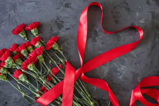 Photo of red carnations on grey/black background, Flat lay, Top view with copy space