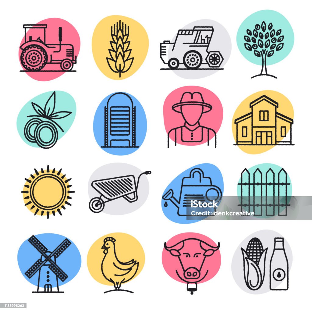 Sustainable Food Production Doodle Style Vector Icon Set Sustainable food production doodle style concept outline symbols. Line vector icon sets for infographics and web designs. Icon Symbol stock vector