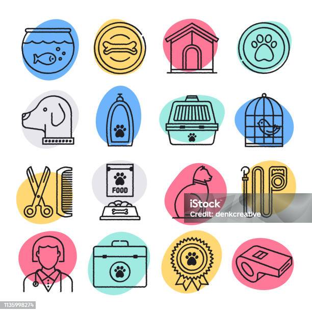 Animal Shelters Veterinary Clinics Doodle Style Vector Icon Set Stock Illustration - Download Image Now