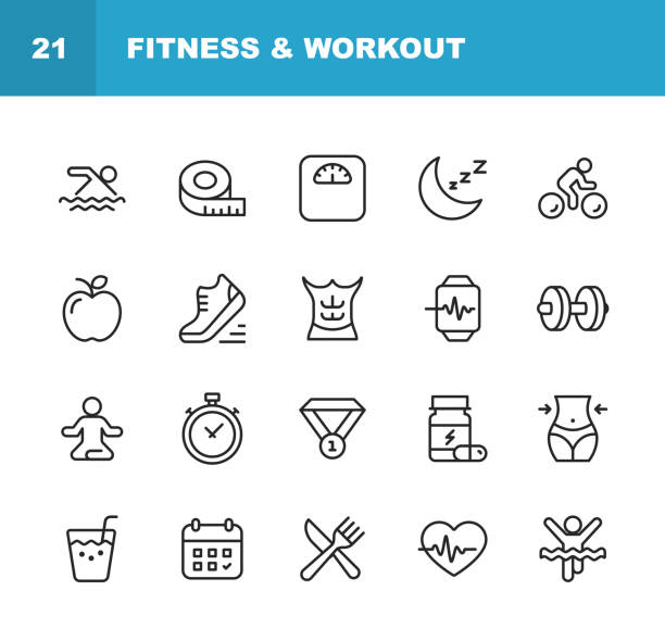 fitness und workout line icons. bearbeitbare stroke. pixel perfect. für mobile und web. enthält solche ikonen wie fitness, workout, schwimmen, radfahren, laufen, diät. - weights dieting apple healthy eating stock-grafiken, -clipart, -cartoons und -symbole