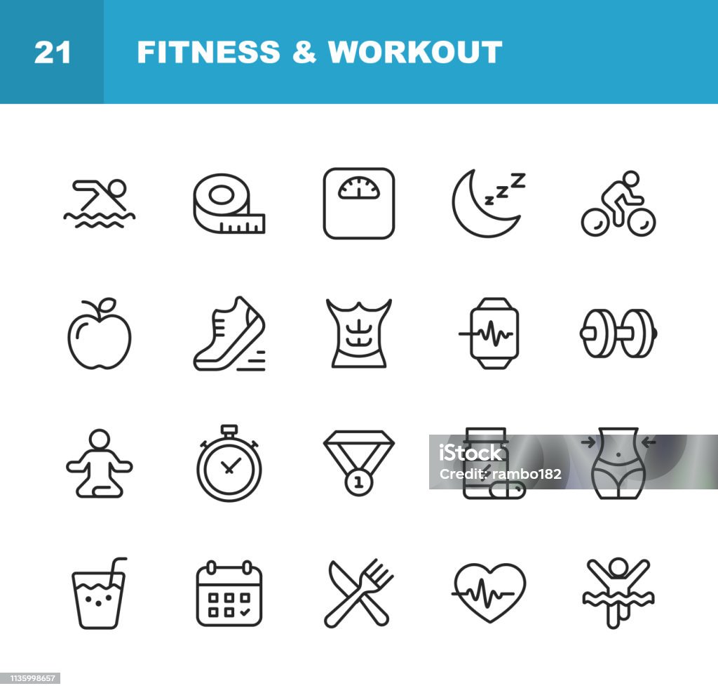 Iconos de línea fitness y entrenamiento. Trazo editable. Pixel Perfect. Para móvil y Web. Contiene iconos como fitness, entrenamiento, natación, ciclismo, running, dieta. - arte vectorial de Ícono libre de derechos