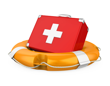 First Aid Kit in Lifebuoy isolated on white background. 3D render