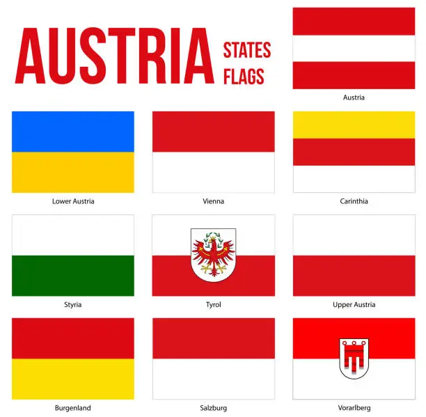 Vector illustration of Austria All States Flags Vector Illustration on White Background. All States of Austria