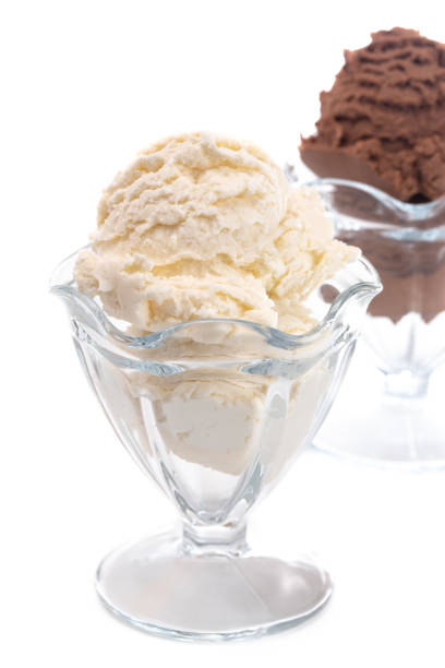 Vanilla and Chocolate Ice Cream in Glass Dishes on a White Background