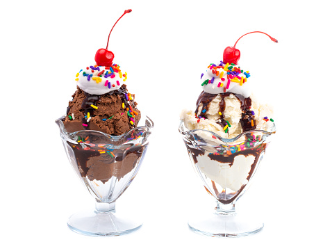 Vanilla and Chocolate Sundaes Isolated on a White Background