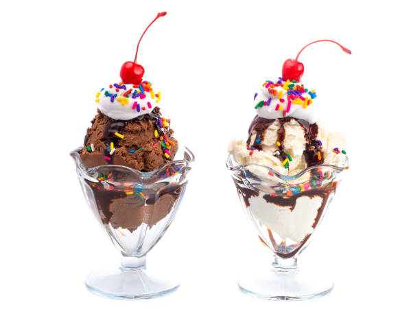 Vanilla and Chocolate Sundaes Isolated on a White Background Vanilla and Chocolate Sundaes Isolated on a White Background cherry photos stock pictures, royalty-free photos & images