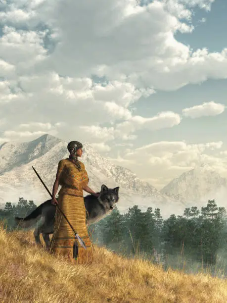 A Native American Woman carring a spear and stands on a grassy hill somewhere in the Rocky Mountain in the American Wild West.  Next to her is her companion: a gray wolf. 3D Rendering