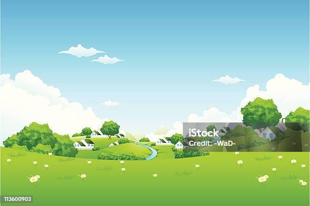 Zielony Krajobraz Z Domów - Stockowe grafiki wektorowe i więcej obrazów Krajobraz - Krajobraz, Bez ludzi, Chmura