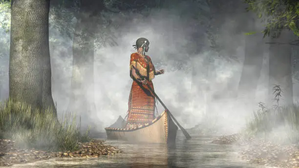 A Native American woman stands in a canoe that drifts out of the mists and down a small creek through a dense forest.  The Indian woman in a brown dress looks back over her shoulder. 3D Rendering