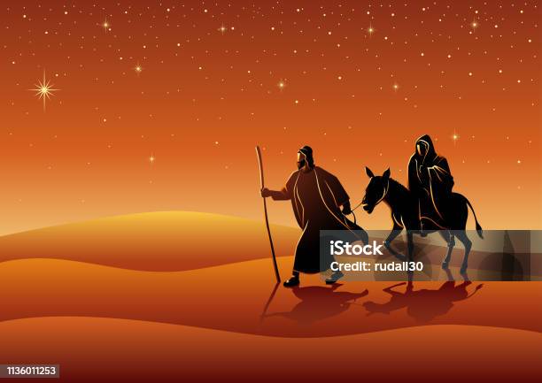 Mary And Joseph Journey To Bethlehem Stock Illustration - Download Image Now - Joseph - Husband of Mary, Virgin Mary, Donkey