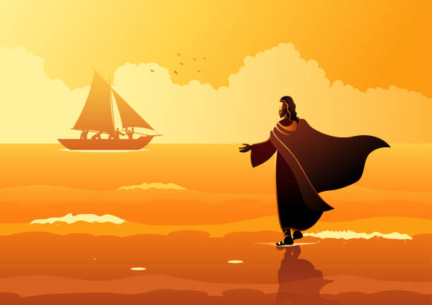 ilustraciones, imágenes clip art, dibujos animados e iconos de stock de jesucristo caminando sobre el agua - milagro evento religioso