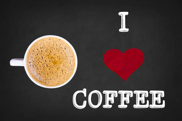 I Love Coffee Text On Blackboard With Coffee Mug