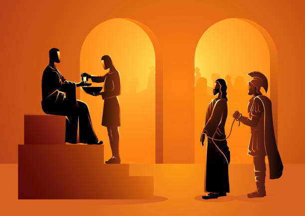Pilate condemns Jesus to die Biblical vector illustration series. Way of the Cross or Stations of the Cross, Pilate condemns Jesus to die. pilates stock illustrations
