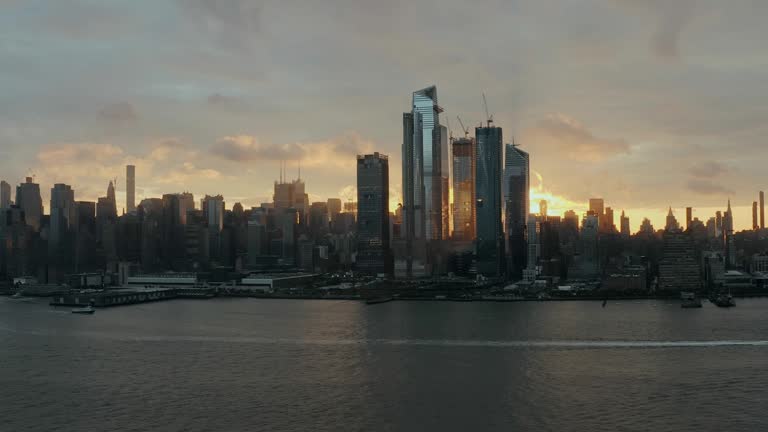 Aerial View Sunrise at New York City and sunflares 4k