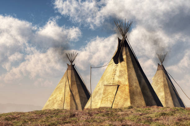 three teepees - teepee imagens e fotografias de stock