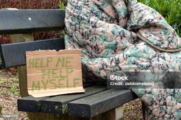 Homeless Person On Park Bench Stock Photo - Download Image Now - Homelessness, Veteran, Adult