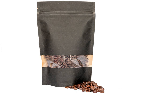 istock black paper doypack stand up pouch with window  zipper  filled with coffee beans on white background 1136018511