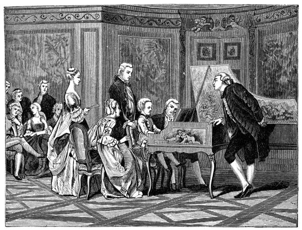 Young Mozart by Gustave Boulanger - 19th Century Young Mozart performing for Louis Francois I de Bourbon in Paris, France in 1766 by Gustave Boulanger. Vintage etching circa mid 19th century. wolfgang amadeus mozart stock illustrations