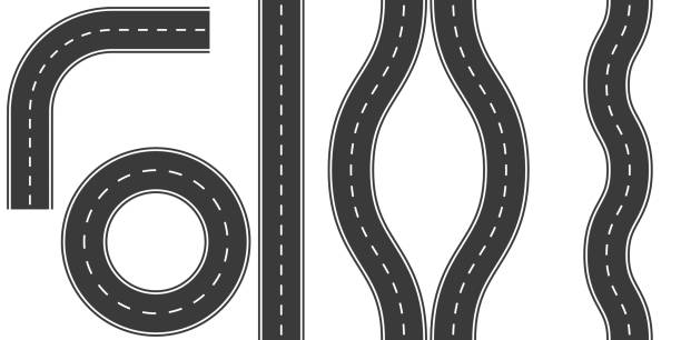 ilustrações de stock, clip art, desenhos animados e ícones de set roads markings, vector illustration options road curvature turn, detour, ring - road top view