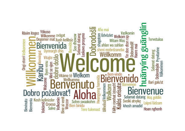 Welcome Word Tag Cloud in many languages Word Tag Cloud, shows equivalents of 'Welcome', how to say it in many languages, vector ESP10 word cloud stock illustrations